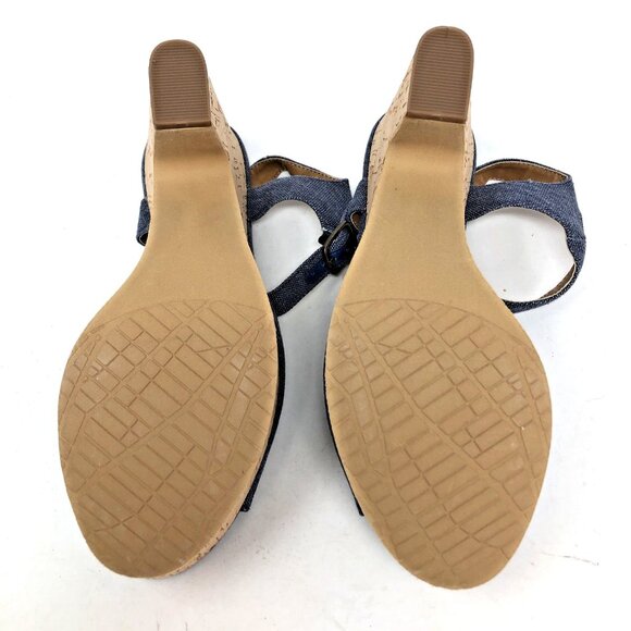 14th & Union Sandals Womens 8.5M Blue Fabric Peep Toe Slingback Chunky Cork Heel - Picture 7 of 9